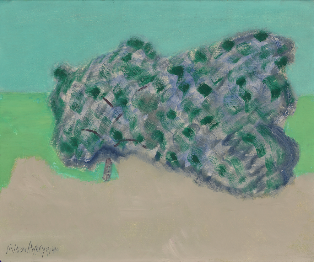 "Trees by the Sea" was painted by American artist Avery Milton in 1960. The image depicts a grouping of trees on a sandy brown surface, with blue and green water behind it. The loose style of brushstroke used to create the "leaves" are juxtaposed against the three separate, but solid color blocks.