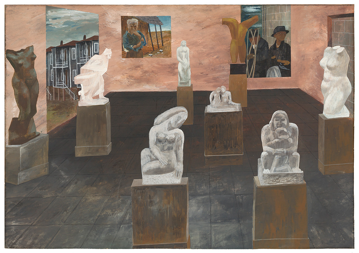 Tempera painting by American artist Ben Shahn featuring six figurative sculptures and three paintings in a warm-toned gallery space.