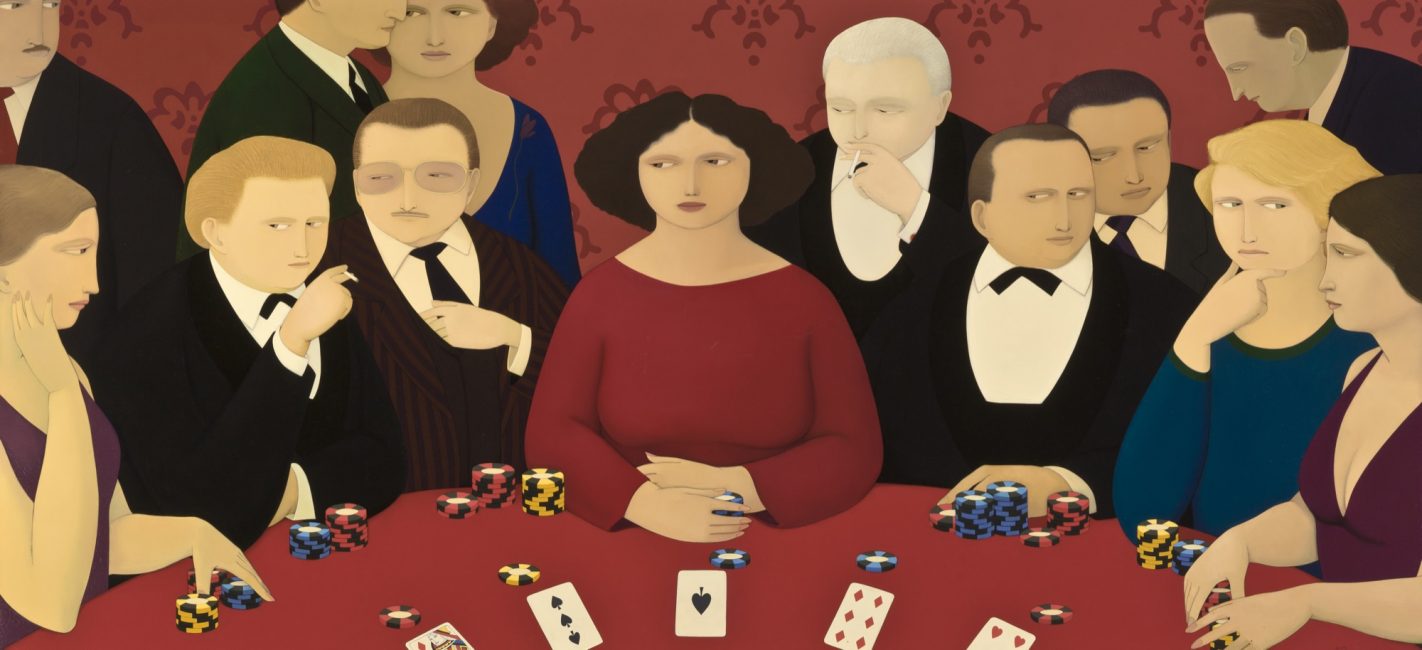 An oil painting on canvas by modern artist Andrew Stevovick. Thirteen people gather around a card table, socializing and playing a card game.