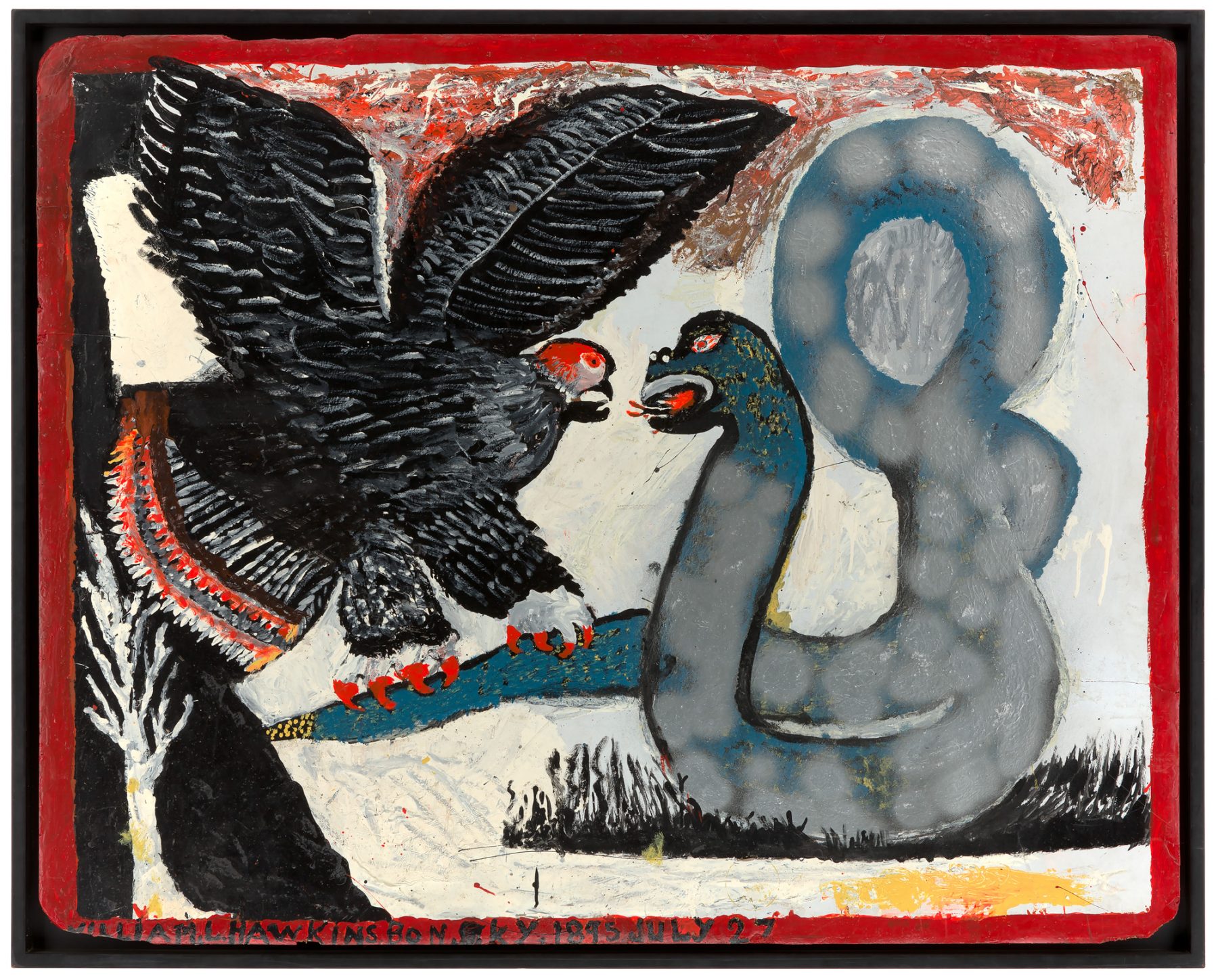 This image, painted with enamel on board features a large eagle spreading its wings face to face with a serpent. The eagle seems to be digging its talons into the serpents tail, as it aggressively shows its tongue to the eagle.