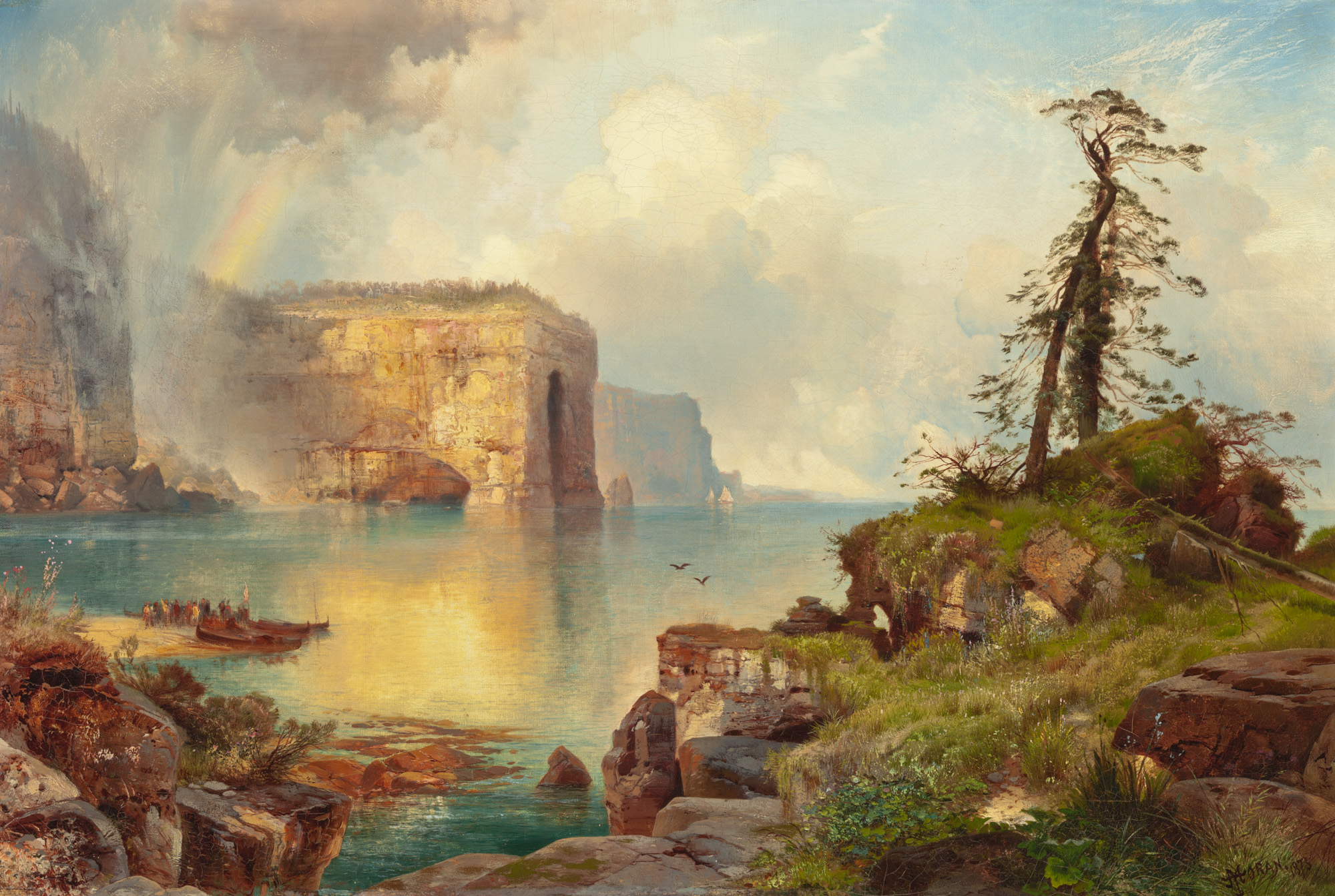 This image depicts a romantic scene featuring a grouping of rocks in the foreground covered with moss, flowers and trees. In the middle ground you see a group of people docked on the sandy beach peering out to a large coastal rock formation resembling an archway. There is a rainbow in the sky as birds are flying.