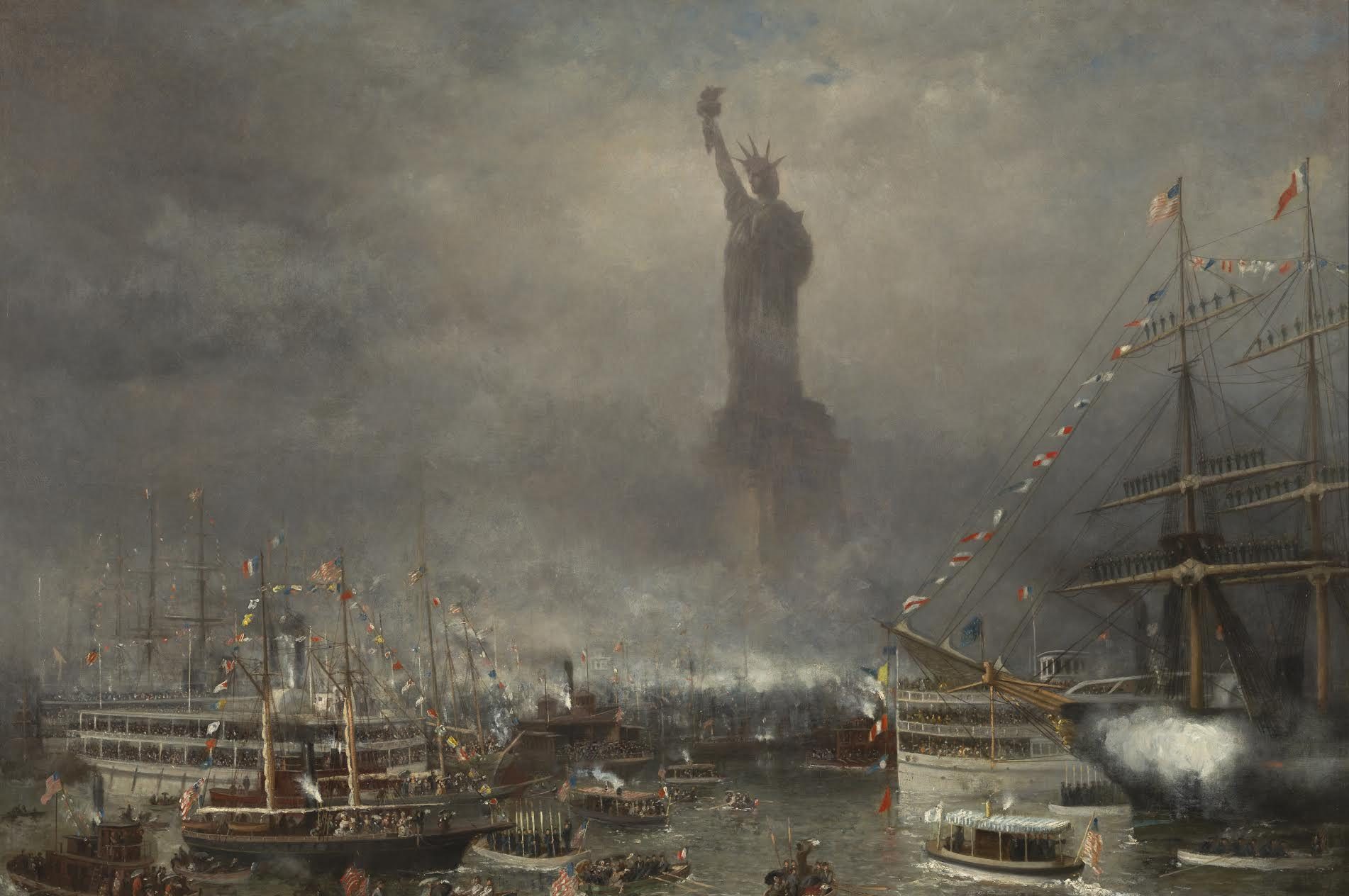 This magnificent image depicts numerous boats filled with onlookers watching as the Statue of Liberty is unveiled. The dramatic scale of the statue dwarfs the boats and the people as they fly their flags looking at the new addition to New York's river.