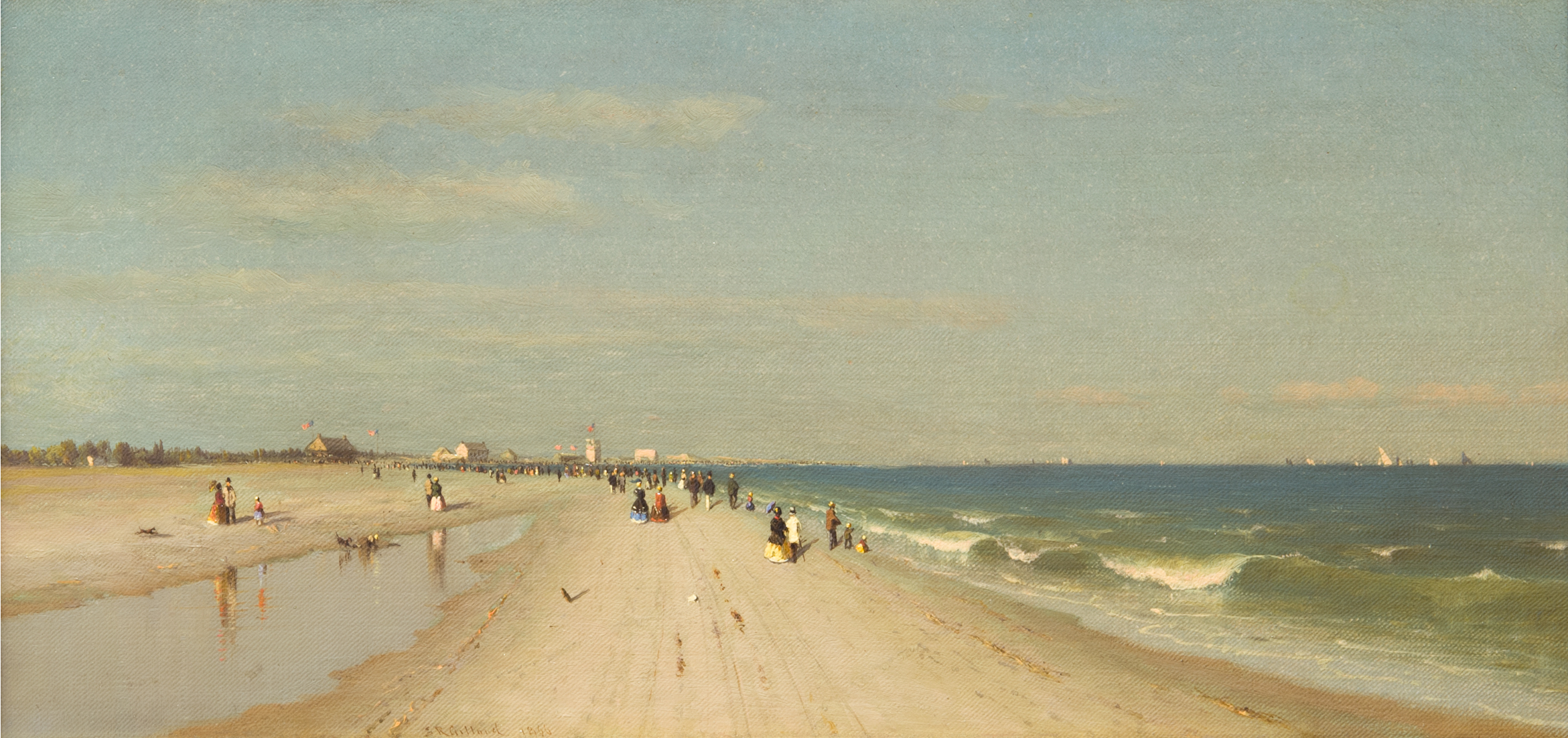This image depicts a group of people walking down the beach. The ocean is pictured on the right side of the composition. There are many people walking on the beach on the sunny day.