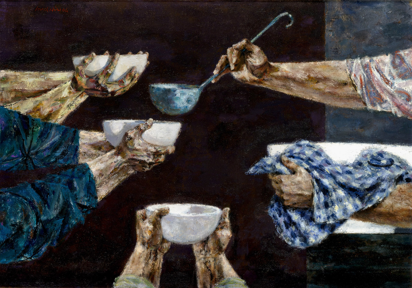 This image depicts 4 hands reaching with bowls, while one person contains a ladle. Only arms and hands are visible in this picture. The image is gritty in its application of paint and lack of bright color.