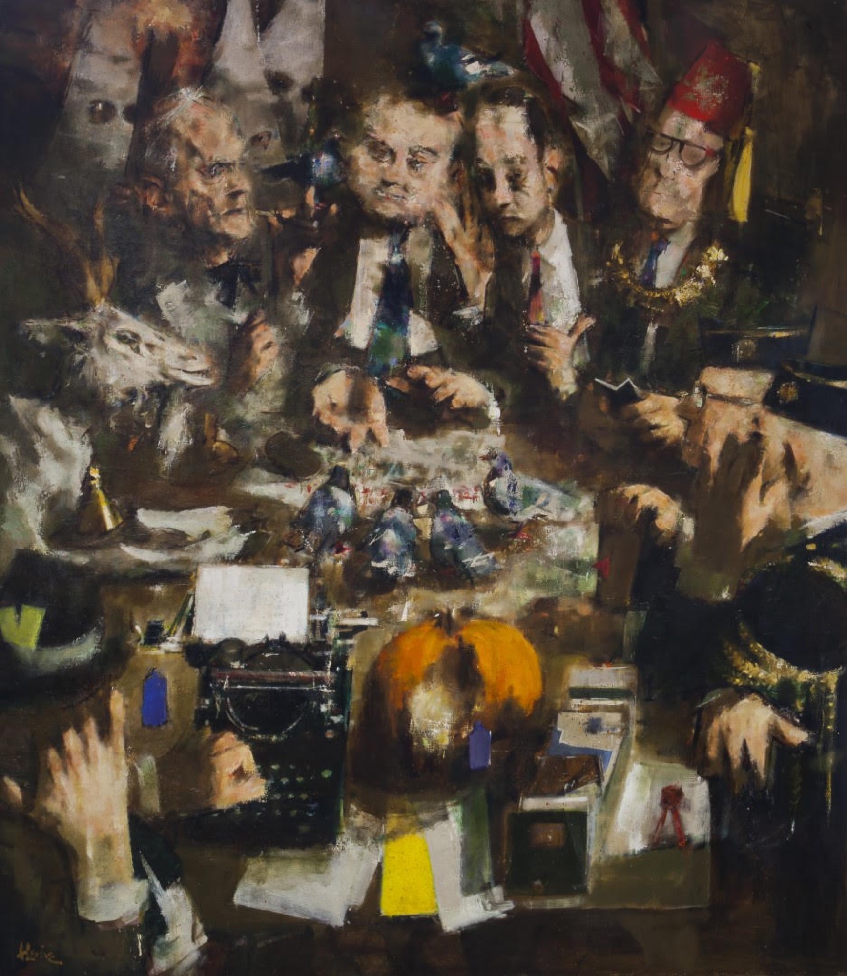 This large scale painting depicts politicians sitting around a table. Present is Senator McCarthy, three KKK members, a reporter, Judas goat and stool pigeons. This painting was Levines commentary on McCarthyism and the house of un-American activities. He is condemning their actions and calling to light the injustices of the American political system in the early 50s and 60s.
