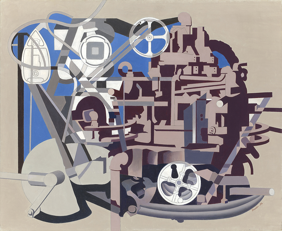 Tan, blue pink and white are the colors used in this abstract industrial piece. Meta-mold seems to be made up of various technological items such as wheels, irons, rods and more.