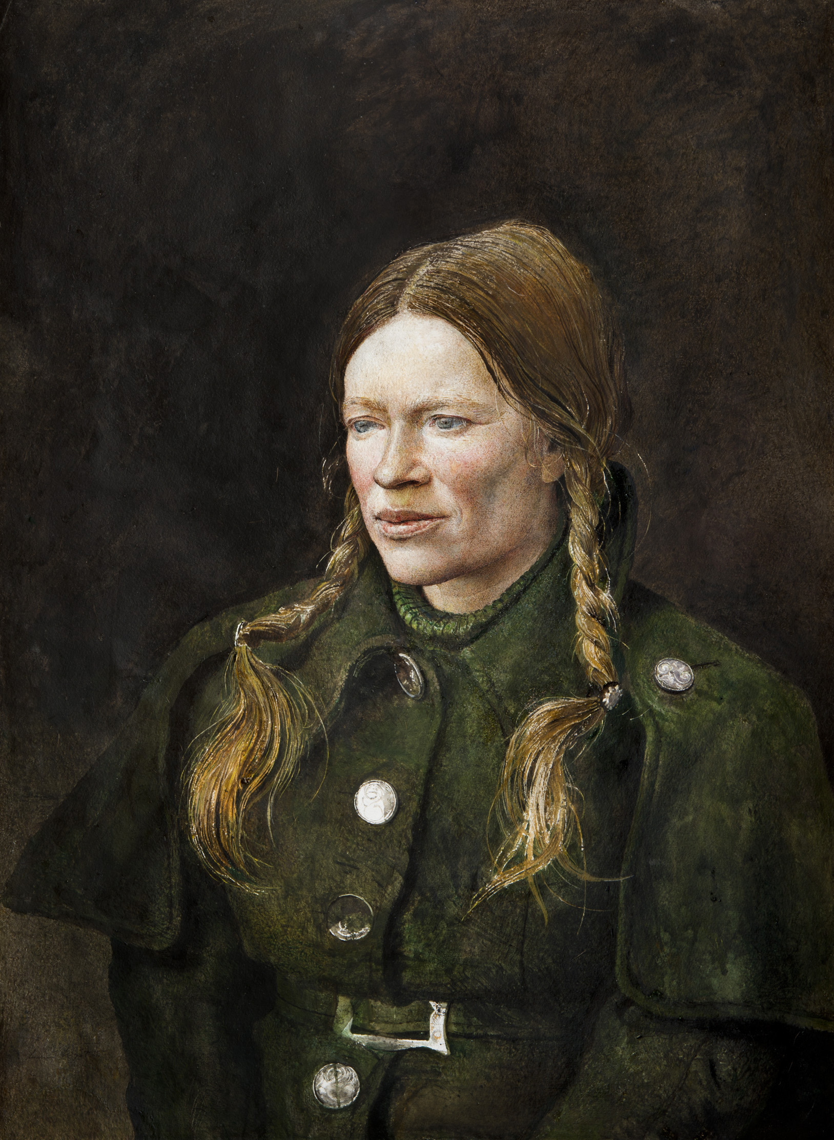 This is a portrait of Helga, Wyeths neighbor and lover. The paintings depicts a sole figure, Helga, with two braids in her hair and a 3 quarter view. She is not looking straight at the viewer but is positioned at a 3/4 view towards the left. The image is peaceful and evokes feelings of winter as she is donning a green wool jacket with gold buttons.