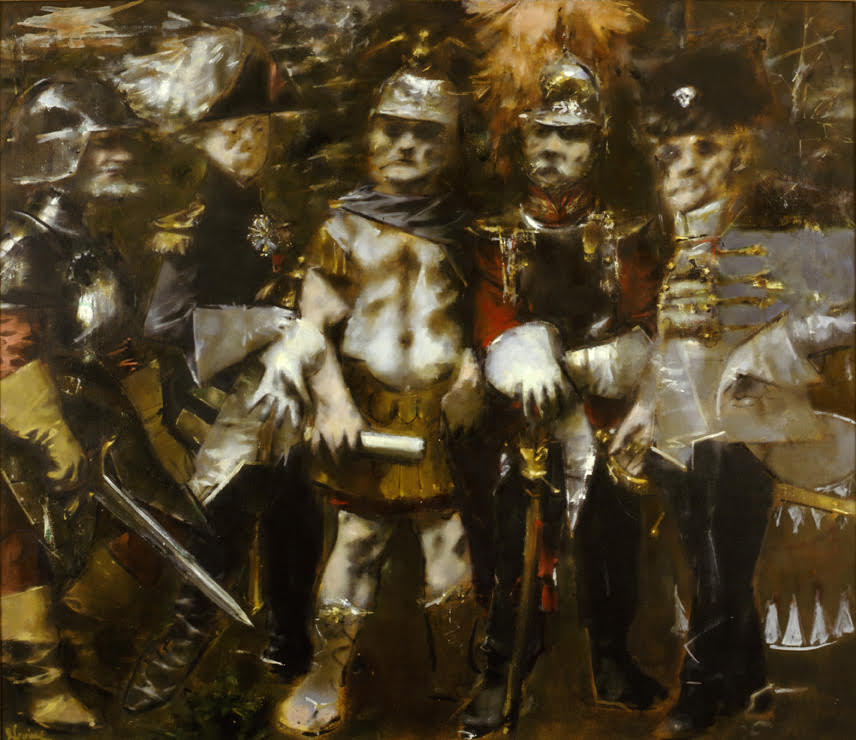 This large-scale painting depicts 5 figures in varying war regalia. It blurrily captures 5 different time periods, medieval soldiers, British Colonels, Roman emperor, a Field Marshal and and effete.