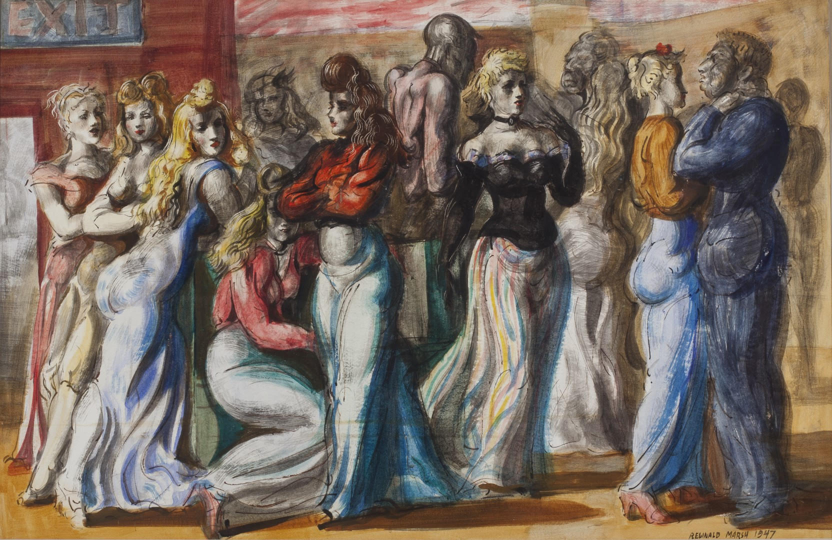 This bright watercolor displays 8 woman and 3 men gathering in the foreground. The women are dressed in nice outfits, with fancy updos. There is a clear emphasis on the curves of the women as they dance around this painting with energy.