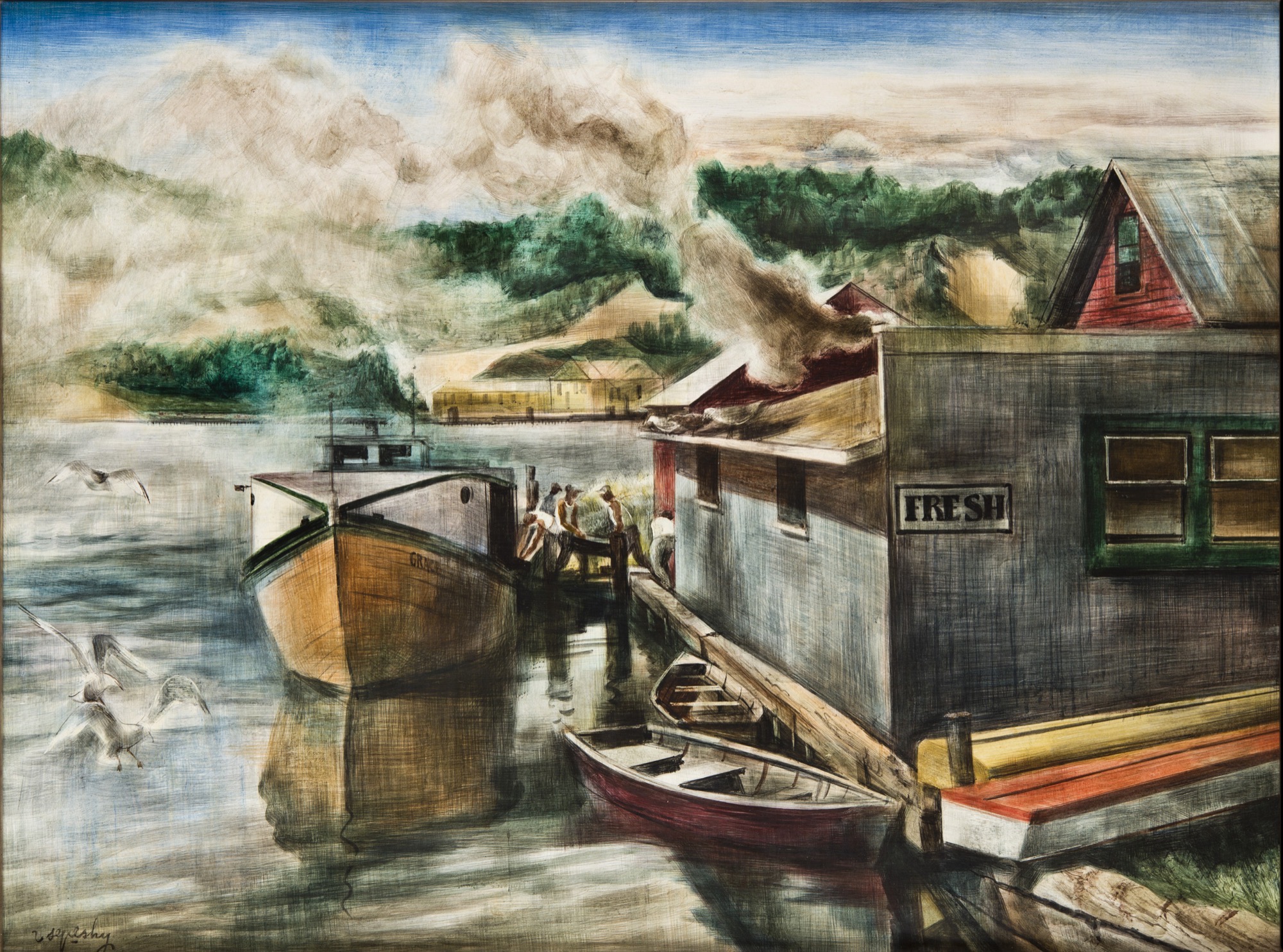 This Tempera work depicts a water scene. A boat is tied up to a dock and there are people on the dock sitting. It is reminiscant of a sea town and sea scape with seagulls in the foreground.