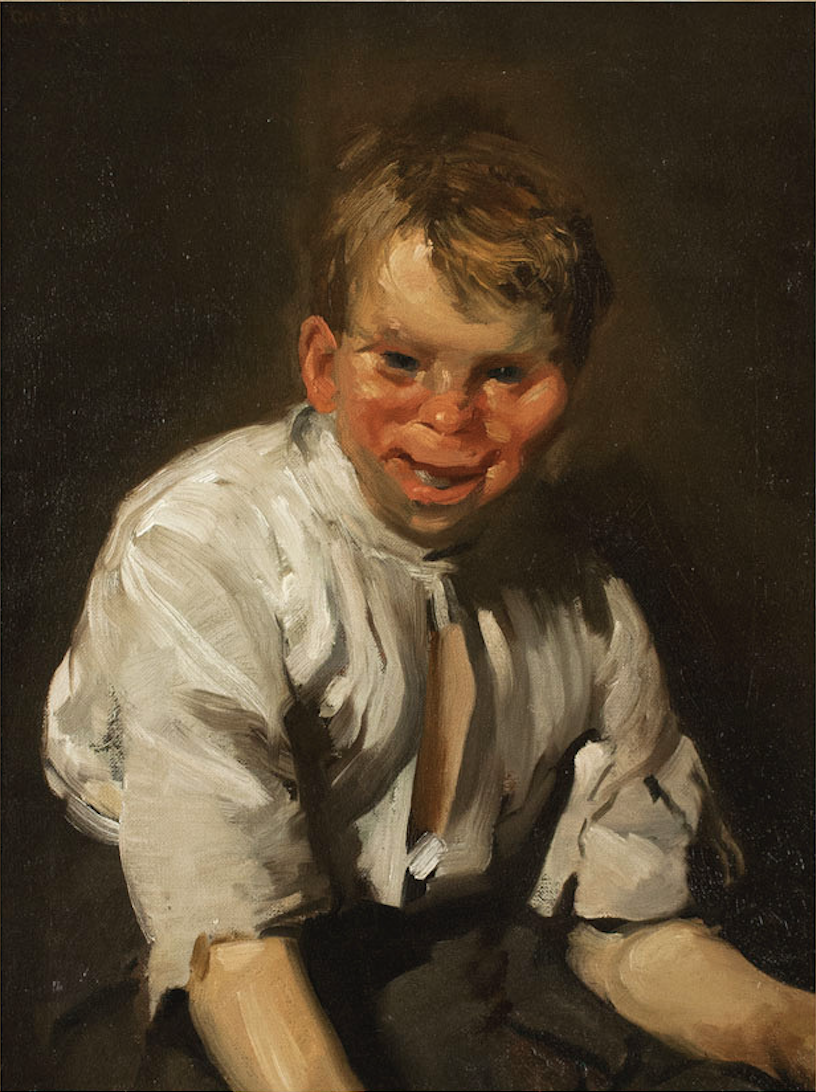 This image has a dark background and features a single boy who is smiling. It is painterly and expressive, and the boy appears to be laughing.
