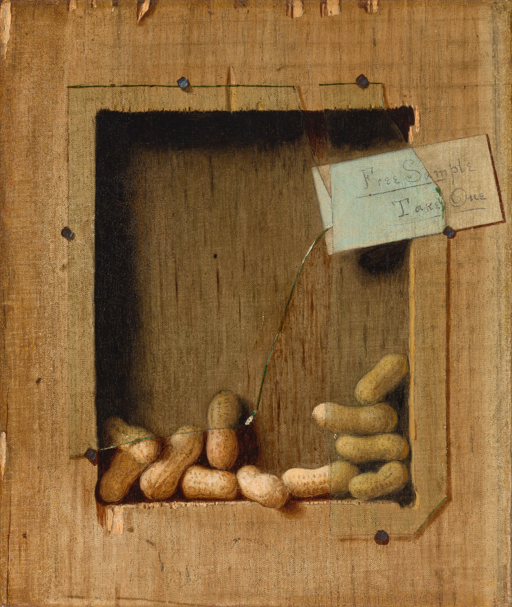 This Tromp L'oeil piece features a broken cupboard with peanuts falling out. There is a sign stuck into the glass that reads "Free Sample, Take One" inviting the viewer in.