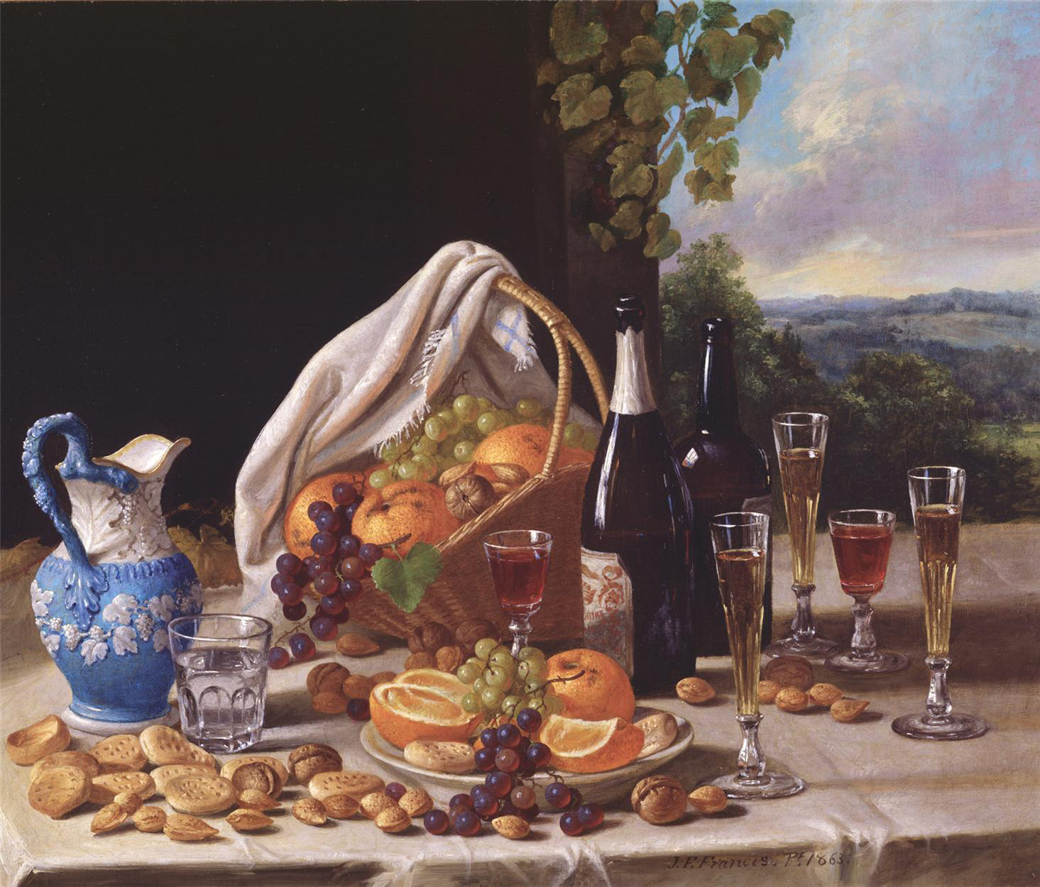This still life features various drinks, in jugs, bottles, champagne flutes and more. The style is more painterly with subdued colors