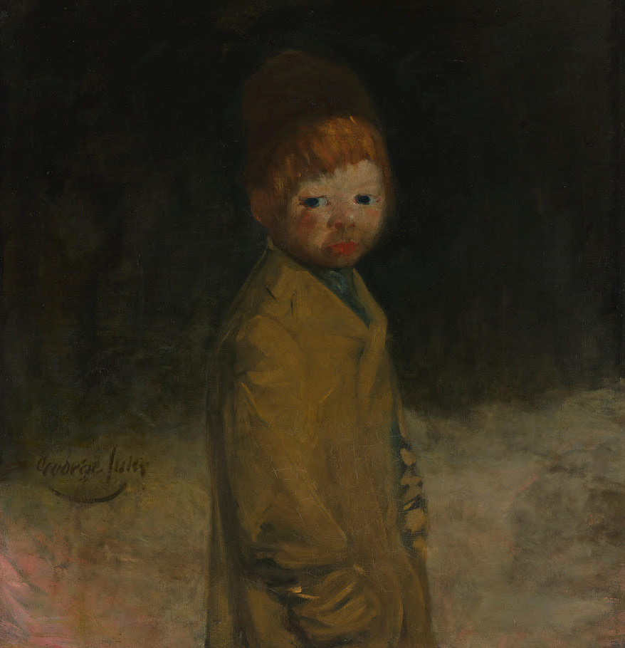 This dark image features one boy in the center of the picture. He is wearing a brown coat and a hat. He appears to be dirty set amongst a dirty and dark background.