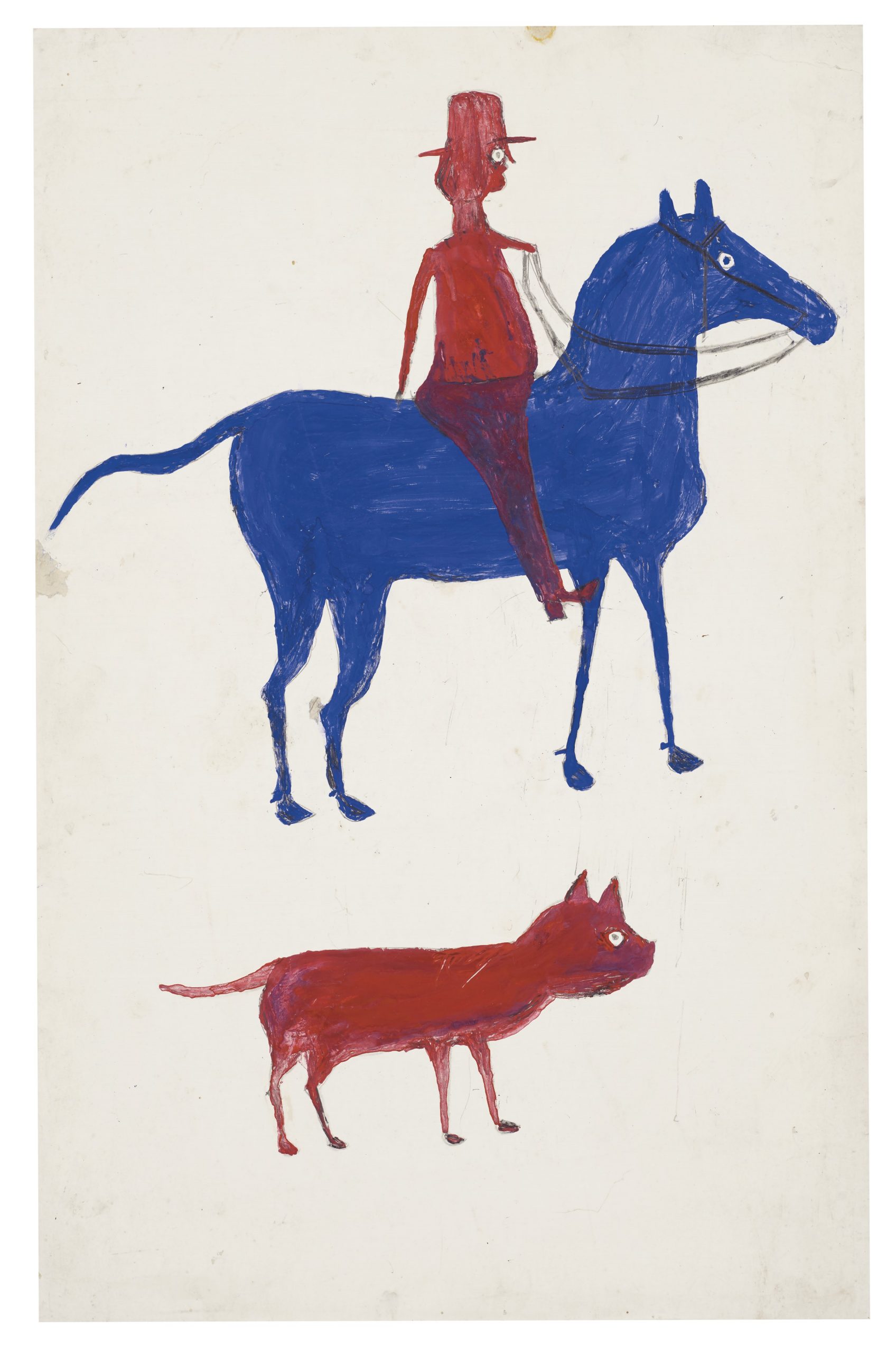 This simple, one dimensional piece portrays a red man riding on a blue horse with a red dog floating in space beneath them. There is no delineation between planes in this image besides the man being on top of the horse.