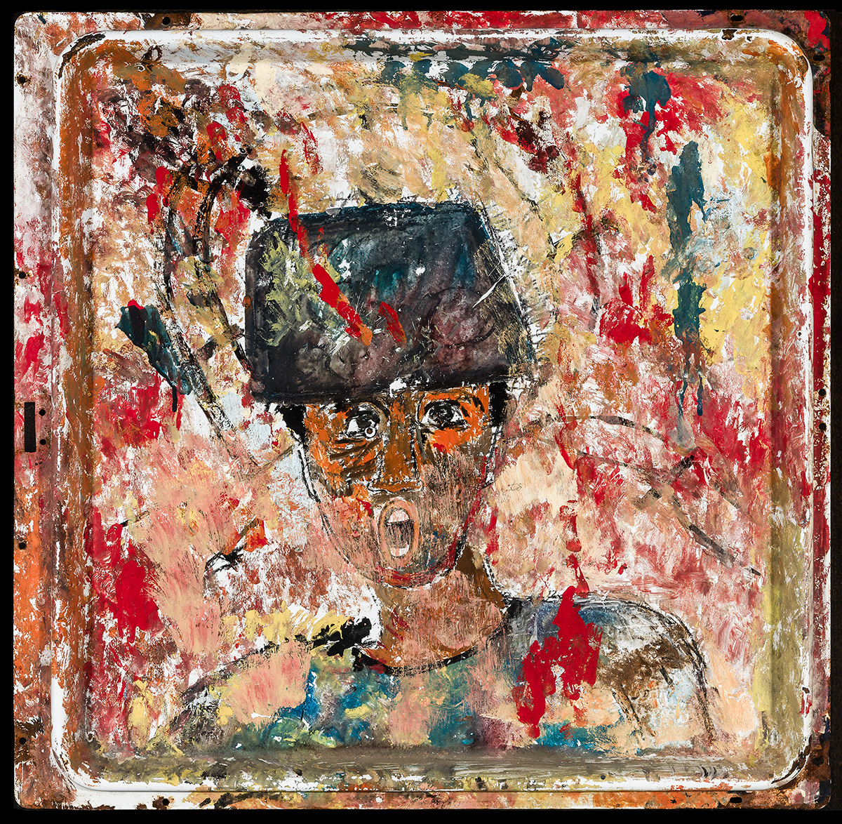 Oil paint on enameled tray, this almost abstracted piece features a mans face with a helmet on. His mouth is open and he appears to be yelling. The background is abstracted strokes of yellow, red, pink and black giving the feeling of a chaotic and maybe violent scene.