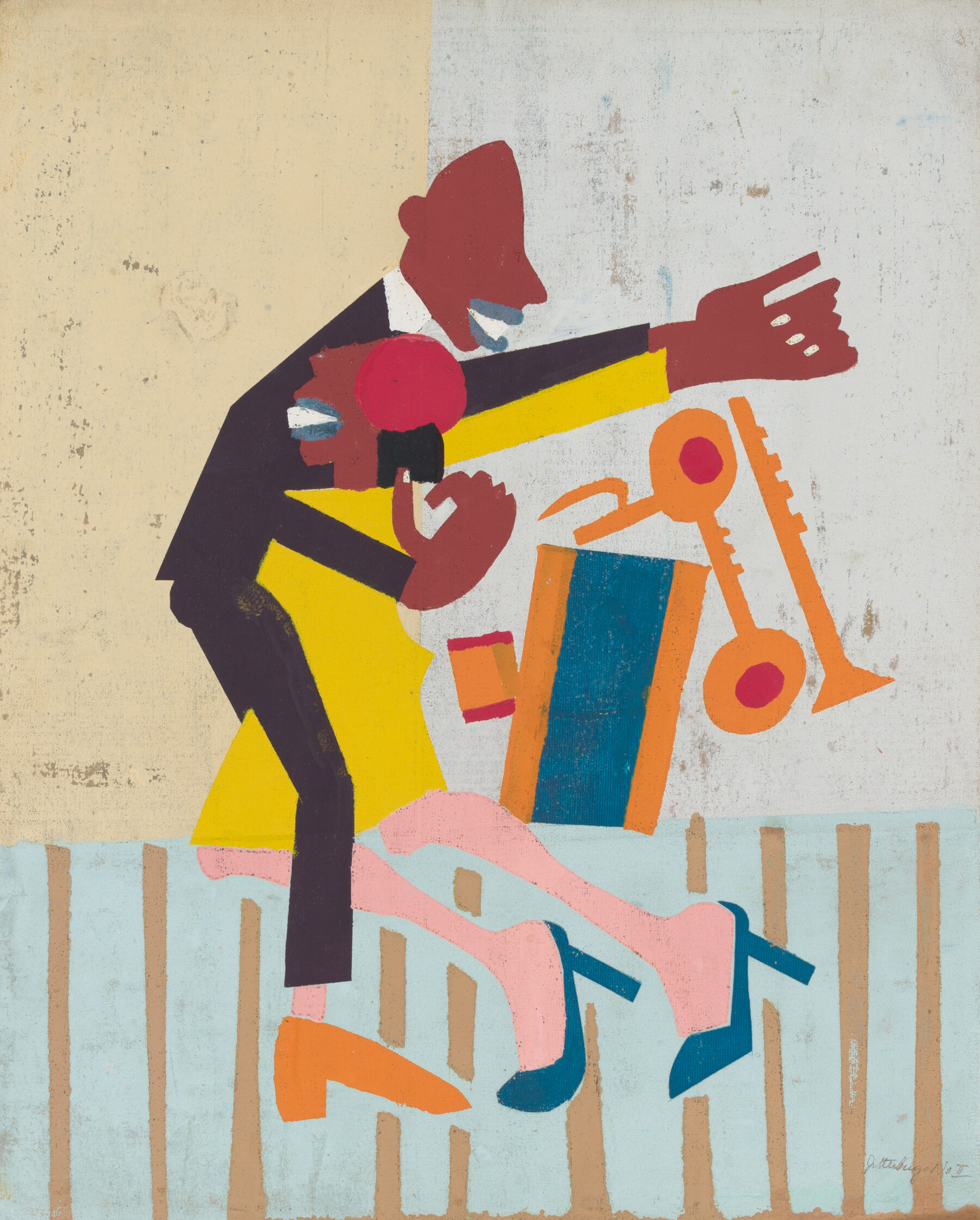 Dynamic and colorful shapes make up a couple dancing in the center of the image. There is a cubist trumpet and various other musical instruments present as well.