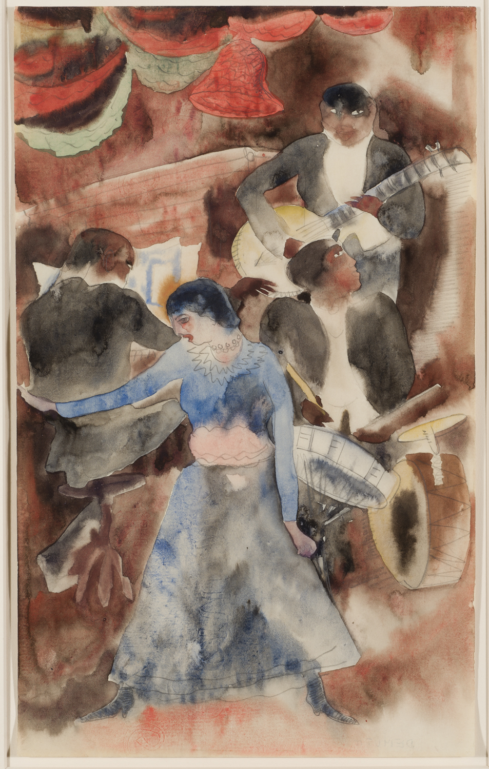 A watercolor depicting a dancing woman in a blue dress in the forefront. Behind her are several men playing various instruments.