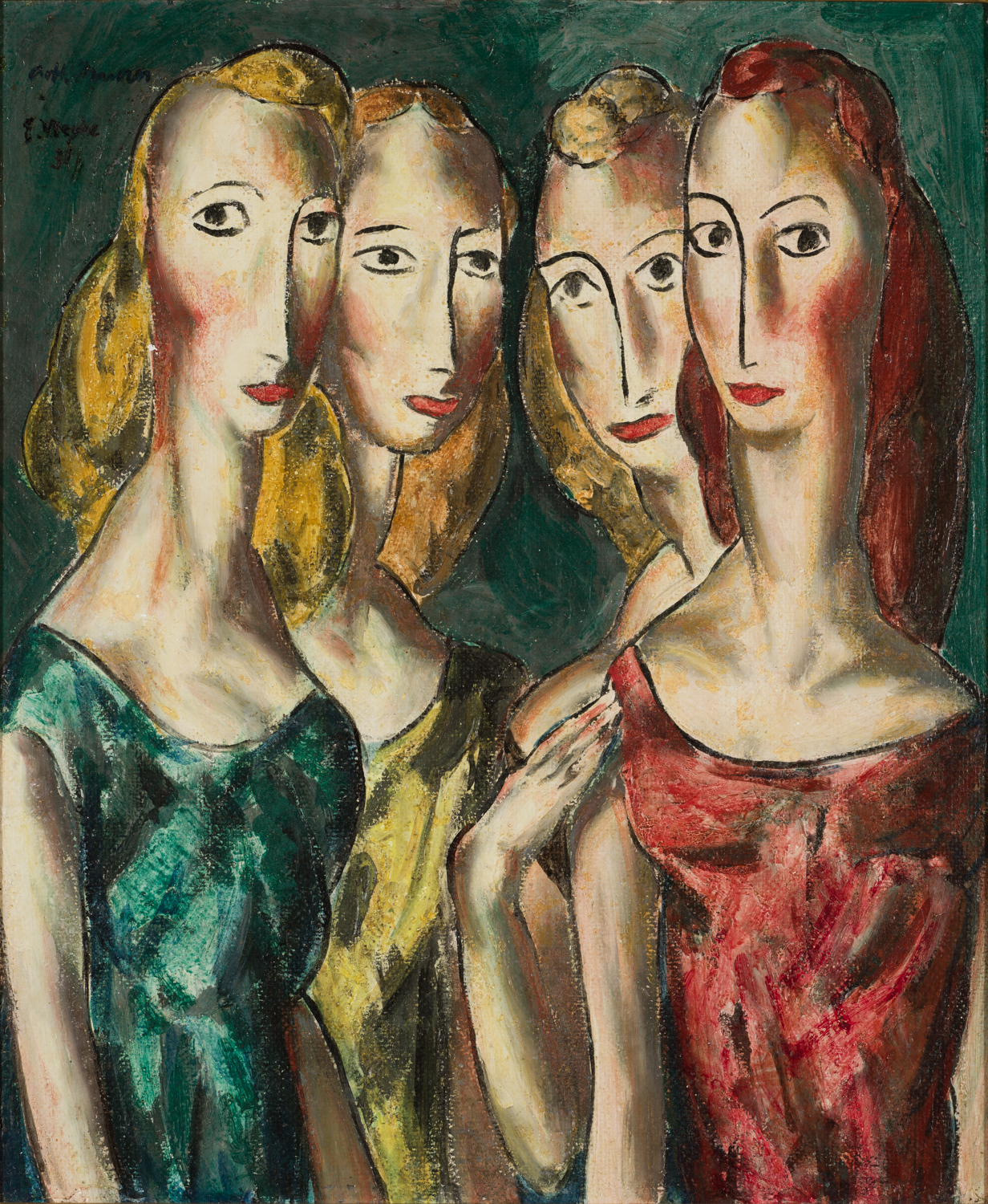 Intense modernist portrait of four sisters all donning different colored dresses are staring straight out at the viewer. They all have rosy colored cheeks and a melencholy appearance.