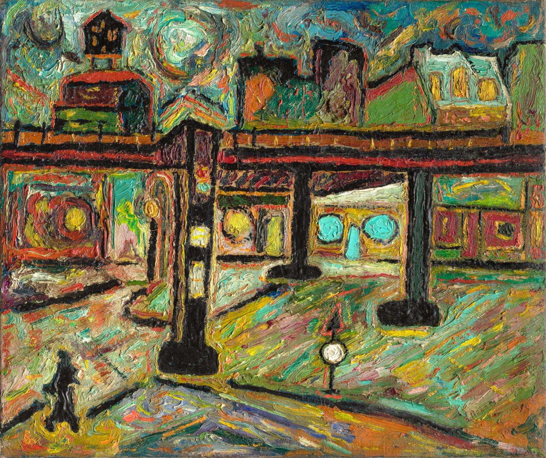 Bright and enticing abstraction of a Greenwich Village street in the 1940s. This thickly impastoed paintings depicts the above ground El and various store fronts. Delaney uses his iconic imagery with the lamp post.