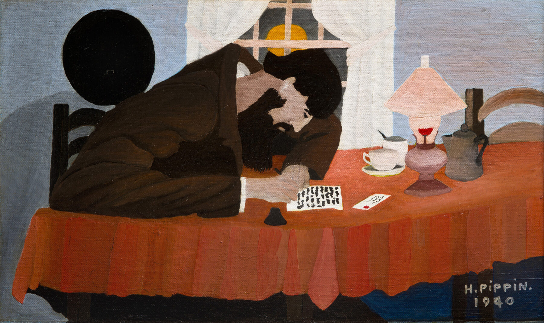 This simple, yet deceiving complex painting shows an amish man sitting at a table hunched over writing a letter.