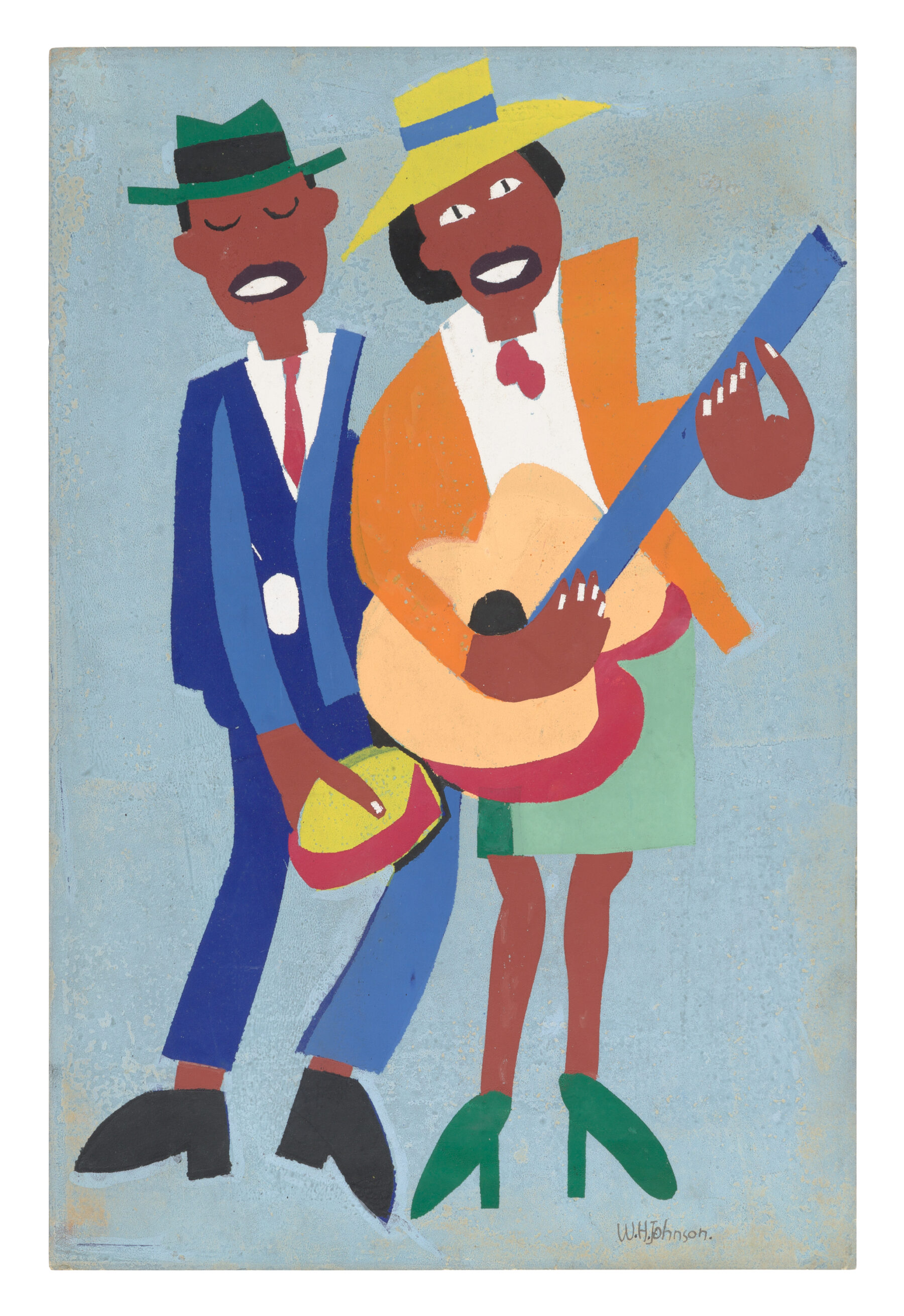 This silkscreen print shows two coloful musicians.