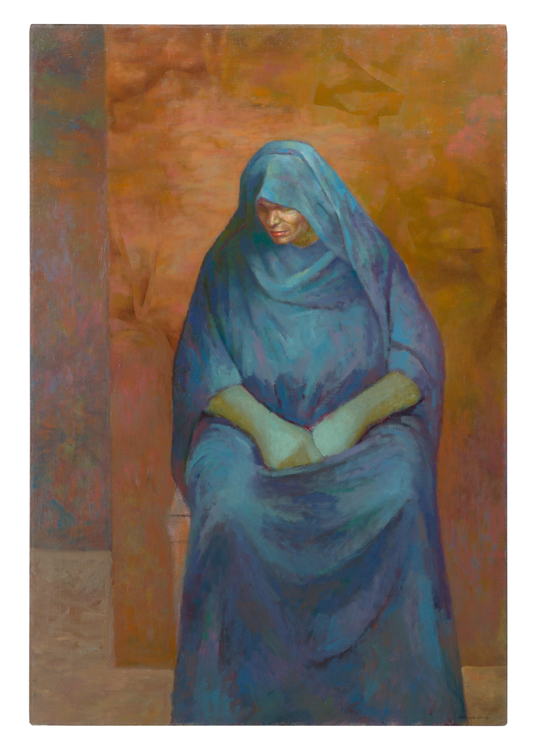 This simple rendition of a female sitter looking down and to her left clad in all blue