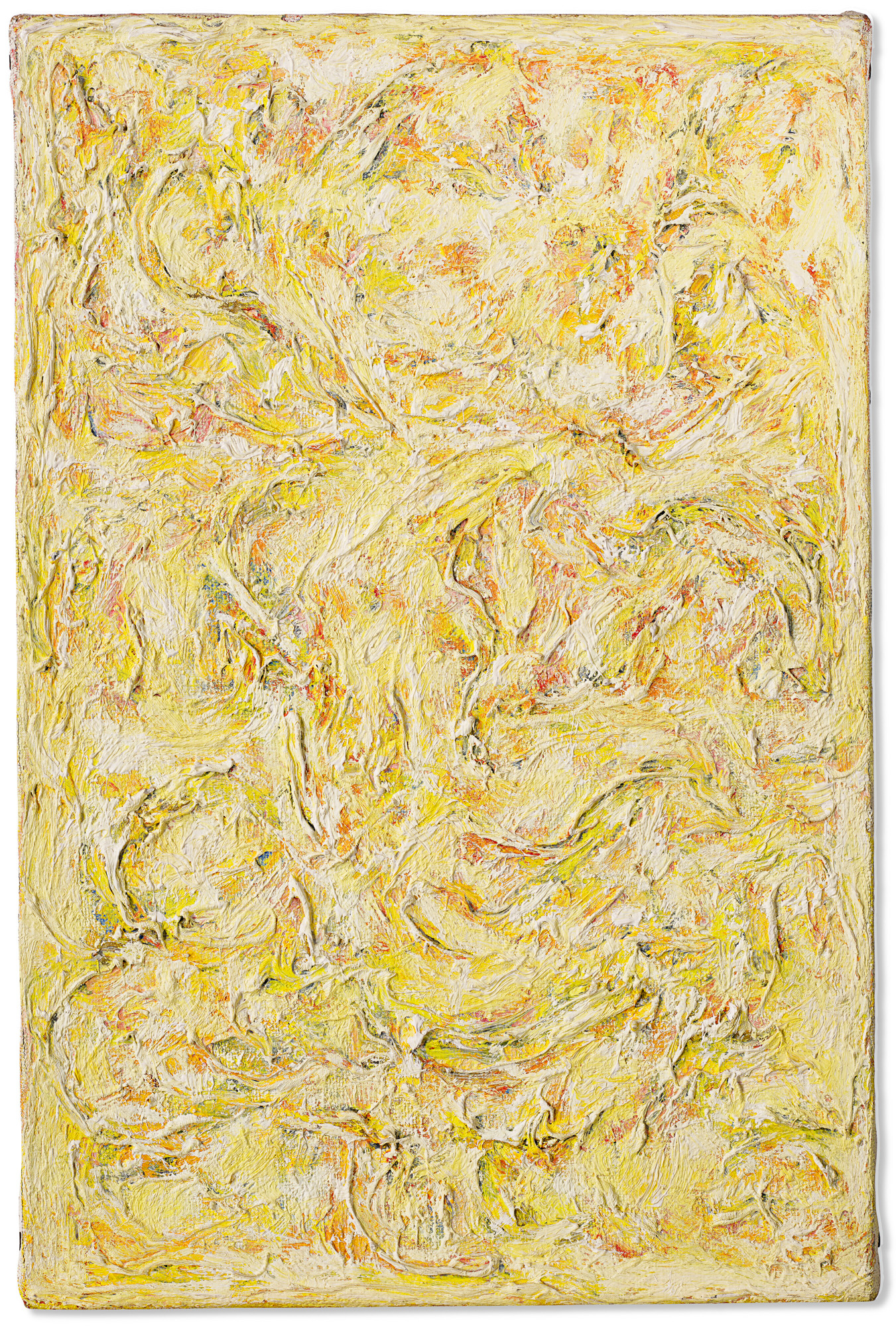 Yellow abstracted swirls cover the canvas with a thick impasto. The butter yellow is mixed with white and subtle shades of blues and greens.