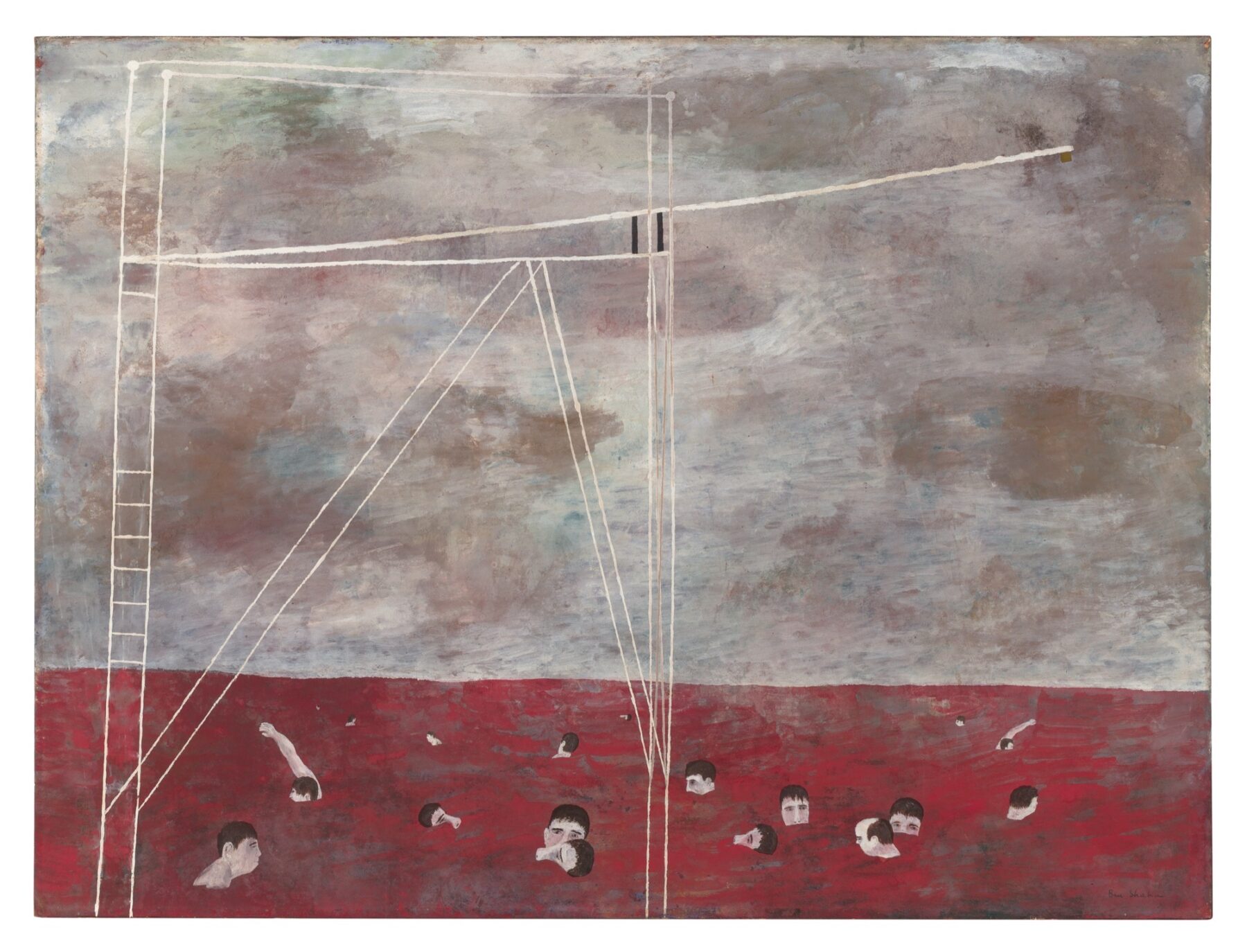 This haunting image is split between two sections, the white cloudy sky and the blood red water with human heads swimming. There is a diving board that looms above all the characters swimming in the red ocean.