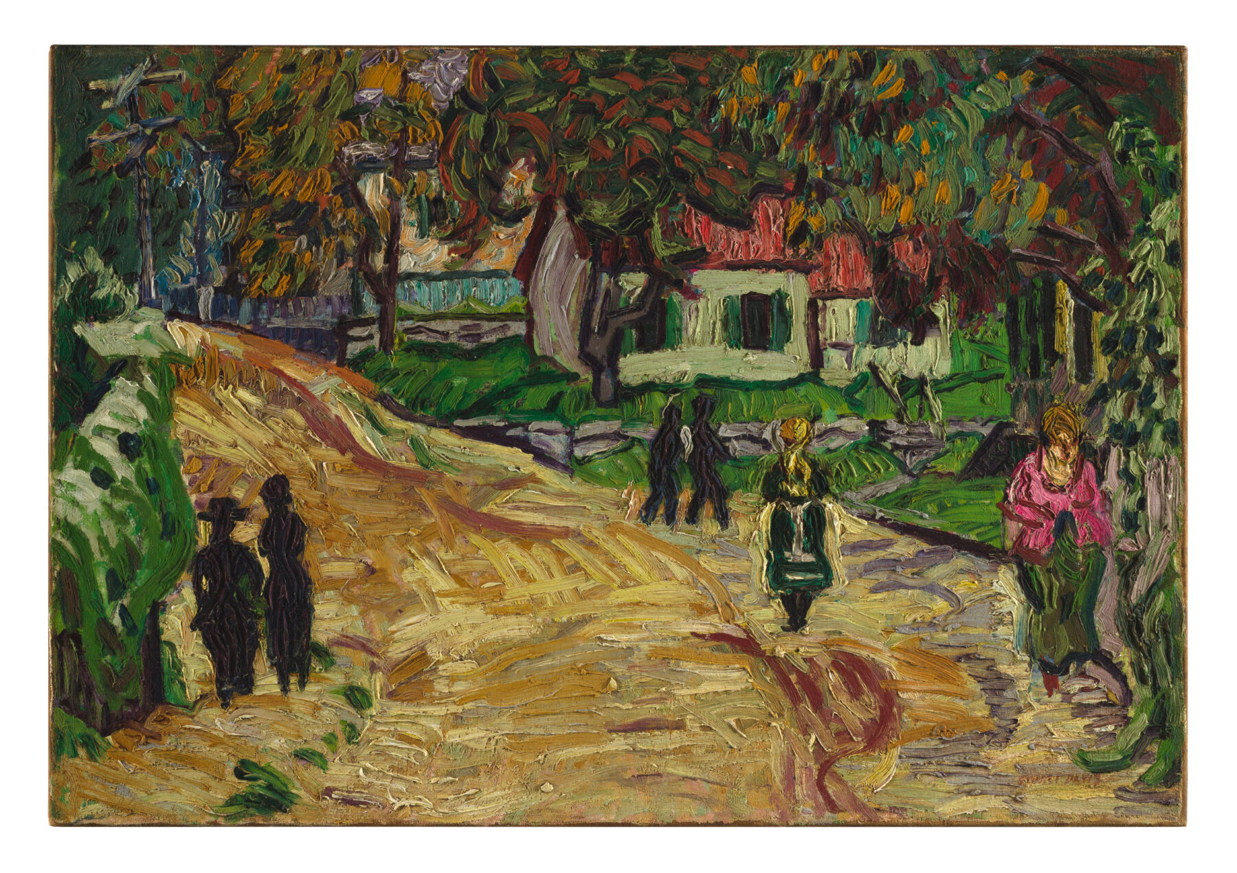 This painting depicts a street scene in Gloucester. It is painted in an impressionist style and features 6 figures. Two of them are fully realized while 4 of them are there, but not detailed.