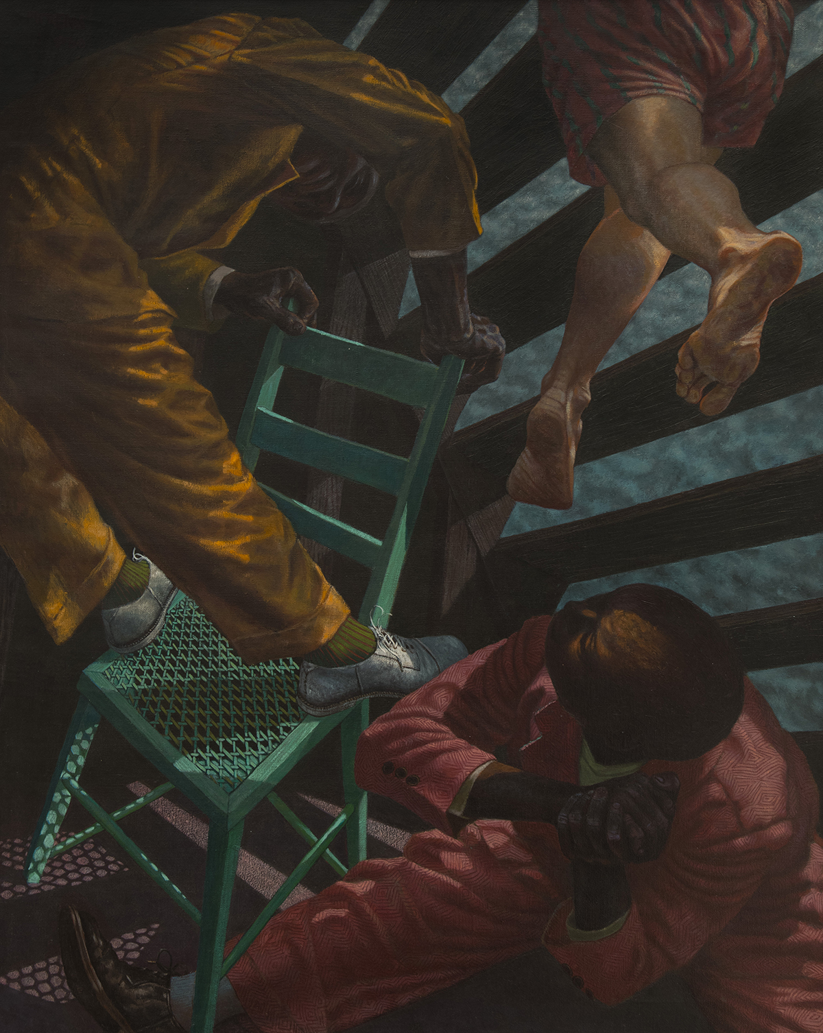 Surreal image depicting three figures who seem to be under a staircase looking up
